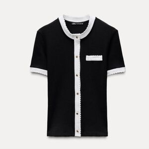 Zara Black and White Contrast Knit Scalloped T-Shirt